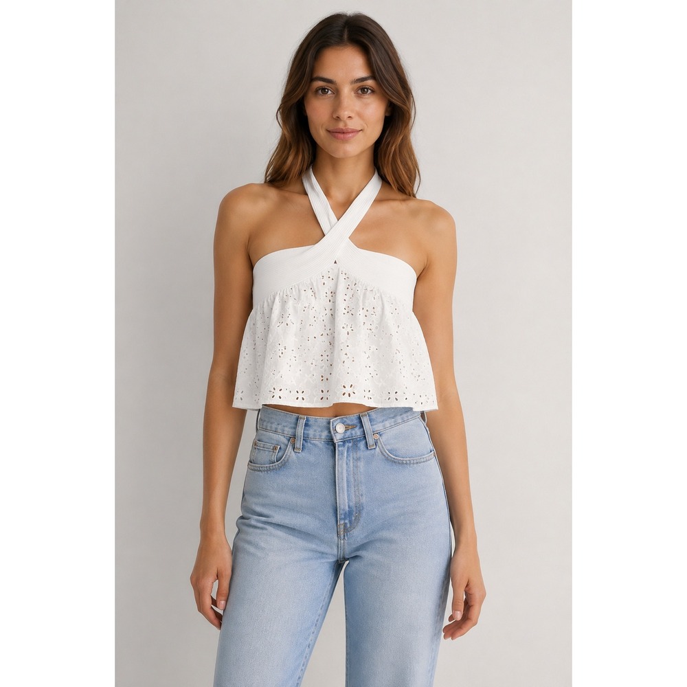 Zara Women's Small White Eyelet Embroidered Halter Crop Top Cross Neck